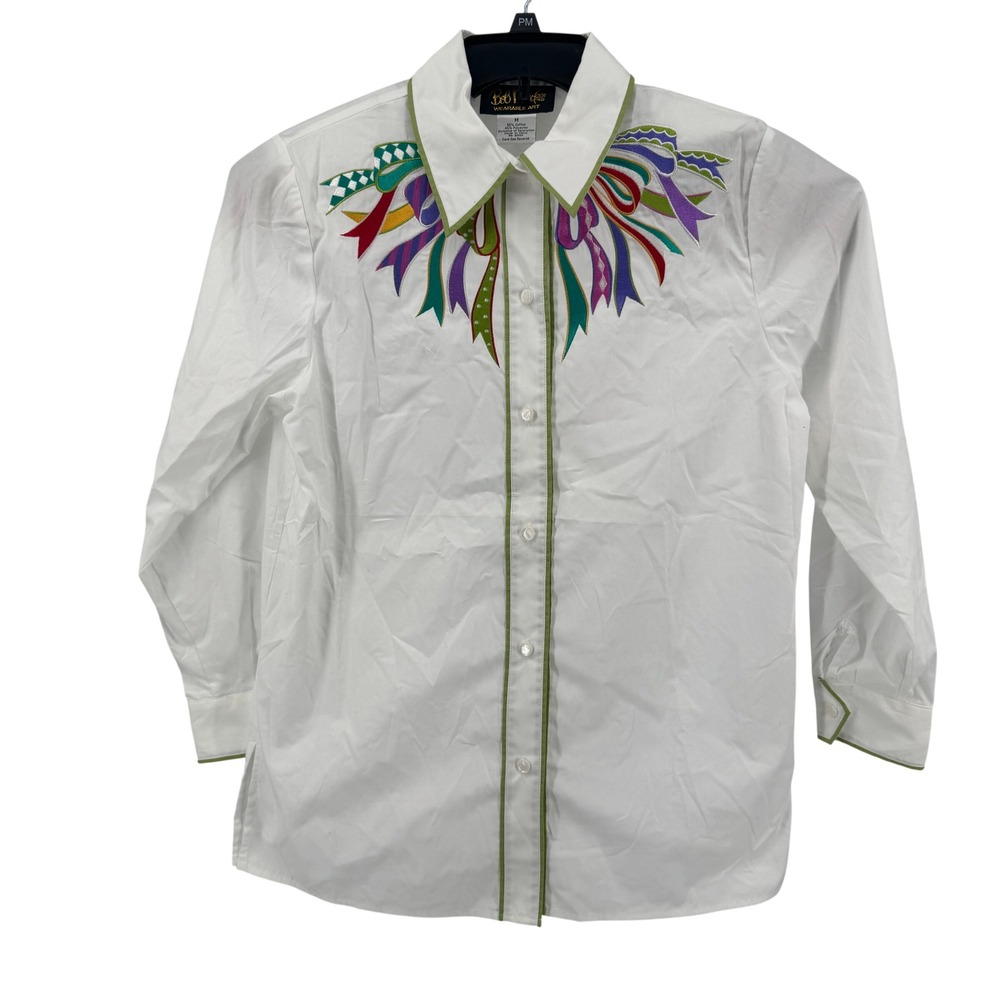 Bob Mackie Wearable Art Button Up Women M White Embroidered Ribbon Green Trim